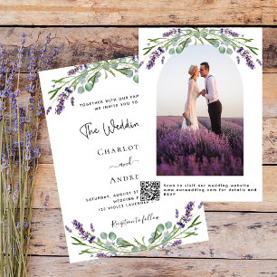 Lavendel bloemboogfoto QR RSVP luxe bruiloft Kaart