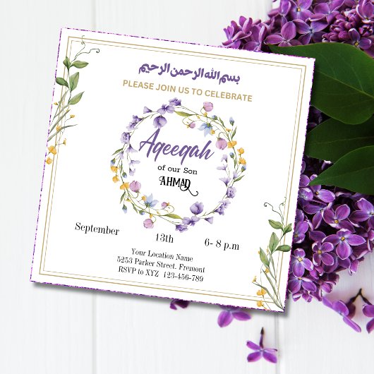 Lavendel Bloemen Aqeeqah- Aqiqah- Moslim Uitnodigi Kaart