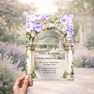 Lavendel bloemen arch beige verjaardag duidelijk acryl uitnodigingen