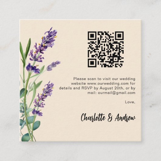 Lavendel bloemen beige QR code bruiloft RSVP Informatiekaartje (Voorkant)