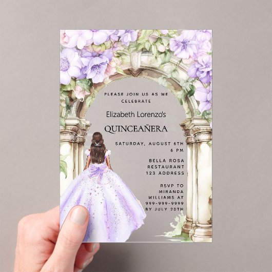 Lavendel bloemen boog jurk duidelijk Quinceanera Acryl Uitnodigingen (Insitu (Draagbaar))