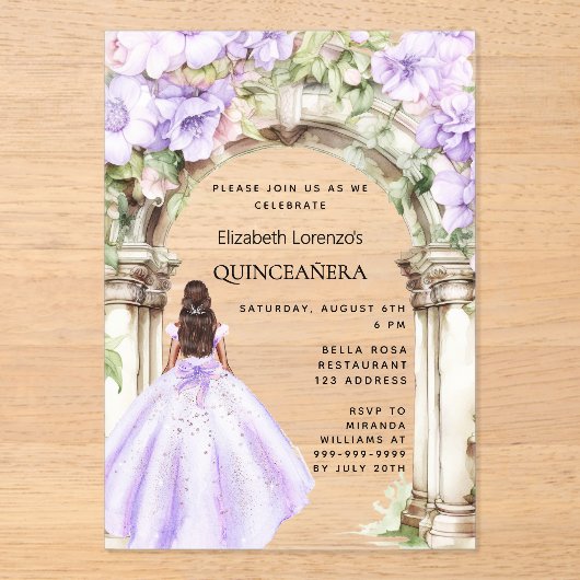 Lavendel bloemen boog jurk duidelijk Quinceanera Acryl Uitnodigingen (Voorkant)