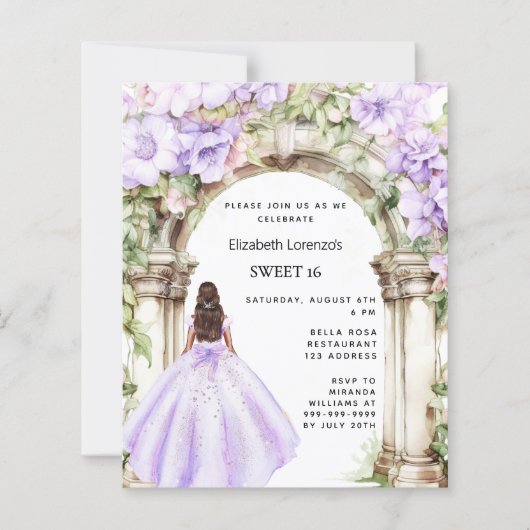 Lavendel bloemen boog jurk Sweet 16 uitnodiging (Voorkant)