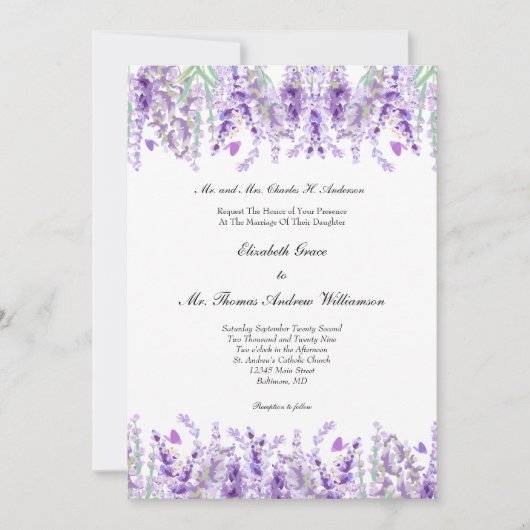 Lavendel Bloemen Botanische Elegante Bruiloft Kaart (Voorkant)