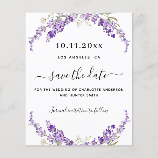 Lavendel bloemen bruiloft budget save the date flyer (Voorkant)