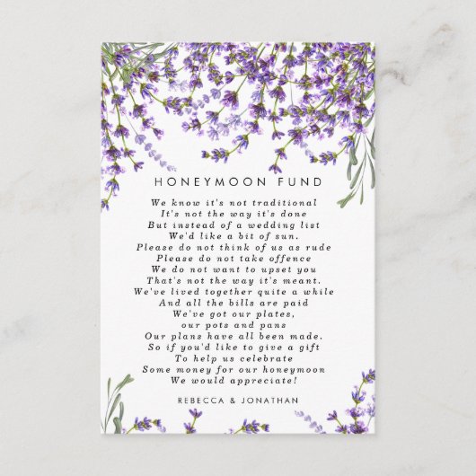 Lavendel bloemen bruiloft huwelijksreis fondskaart informatiekaartje (Voorkant)