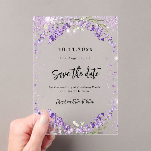 Lavendel bloemen bruiloft Save the Date kaart Acryl Uitnodigingen (Insitu (Draagbaar))