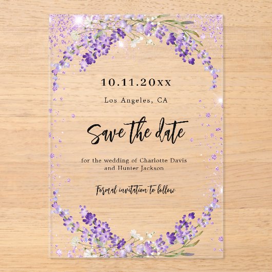 Lavendel bloemen bruiloft Save the Date kaart Acryl Uitnodigingen (Voorkant)