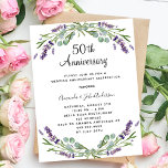 Lavendel bloemen budget 50e trouwdag<br><div class="desc">Een witte achtergrond versierd met lavendelbloemen en eucalyptusgroen. Personaliseer en uw namen en details. 1 vel = 1 uitnodiging afgedrukt van rand tot rand.</div>