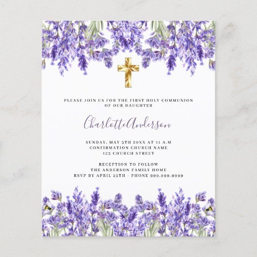 Lavendel bloemen budget Eerste Communie uitnodigin (Voorkant)