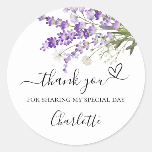 Lavendel bloemen dank je hart ronde sticker (Voorkant)