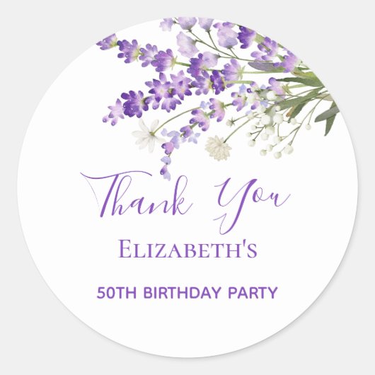 Lavendel bloemen dank je verjaardag ronde sticker (Voorkant)