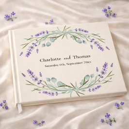 Lavendel bloemen eucalyptus beige zand bruiloft gastenboek