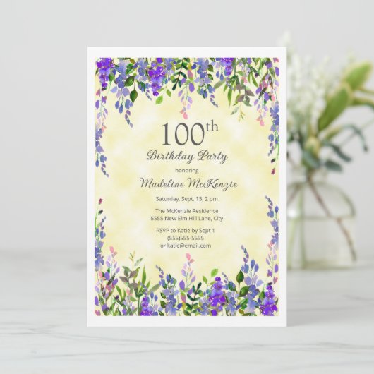 Lavendel Bloemen Geel 100ste Verjaardagsfeest Kaart (Staand voorkant)