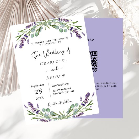 Lavendel bloemen groen QR code RSVP bruiloft Kaart