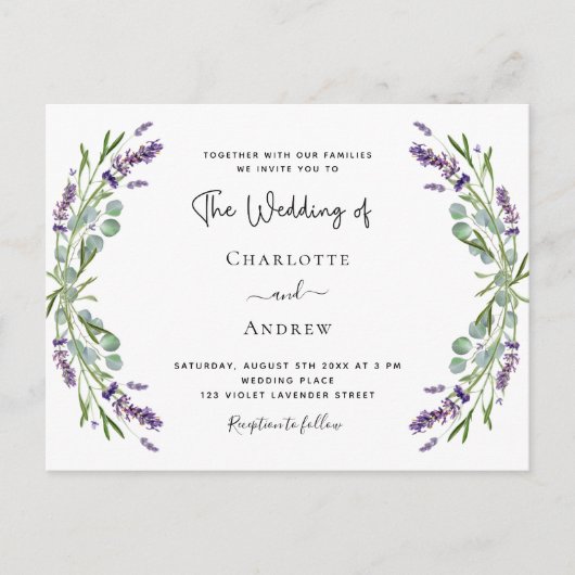 Lavendel bloemen groen QR code RSVP bruiloft Uitnodiging Briefkaart (Voorkant)