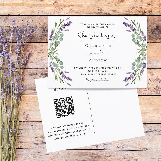 Lavendel bloemen groen QR code RSVP bruiloft Uitnodiging Briefkaart