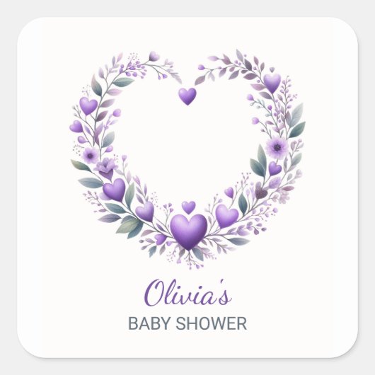 Lavendel Bloemen Hart Baby shower Uitnodiging Vierkante Sticker (Voorkant)