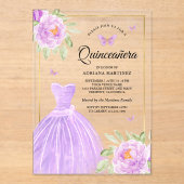 Lavendel Bloemen Jurk Butterfly Gold Quinceanera Acryl Uitnodigingen (Voorkant)
