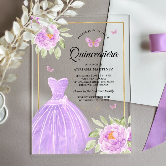 Lavendel Bloemen Jurk Butterfly Gold Quinceanera Acryl Uitnodigingen