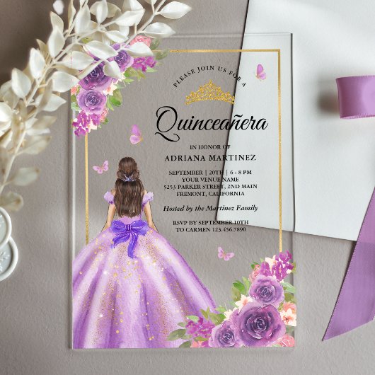 Lavendel Bloemen Jurk Butterfly Gold Quinceanera Acryl Uitnodigingen