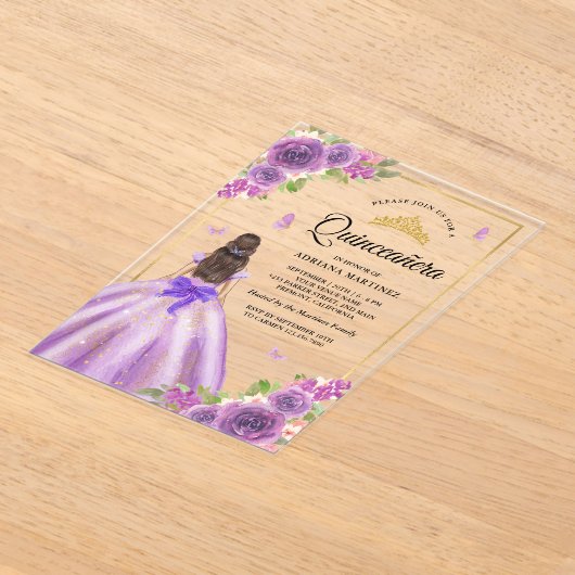 Lavendel Bloemen Jurk Butterfly Gold Quinceanera Acryl Uitnodigingen (Laagn)