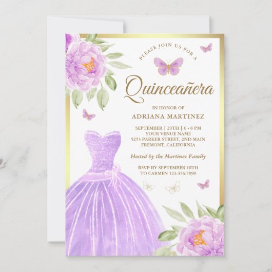 Lavendel Bloemen Jurk Butterfly Gold Quinceanera Kaart (Voorkant)
