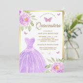 Lavendel Bloemen Jurk Butterfly Gold Quinceanera Kaart (Staand voorkant)