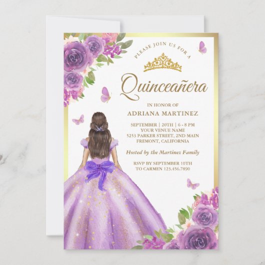 Lavendel Bloemen Jurk Butterfly Gold Quinceanera Kaart (Voorkant)