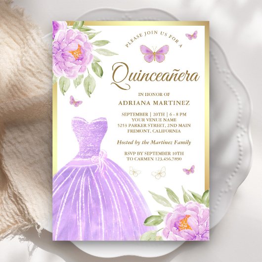Lavendel Bloemen Jurk Butterfly Gold Quinceanera Kaart