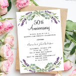 Lavendel bloemen luxe 50e trouwdag kaart<br><div class="desc">Een witte achtergrond versierd met lavendere bloemen en eucalyptusgroen. Personaliseer en uw namen en details.</div>