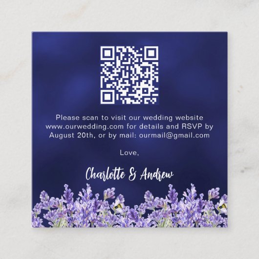 Lavendel bloemen marine blauw QR code bruiloft RSV Informatiekaartje (Voorkant)