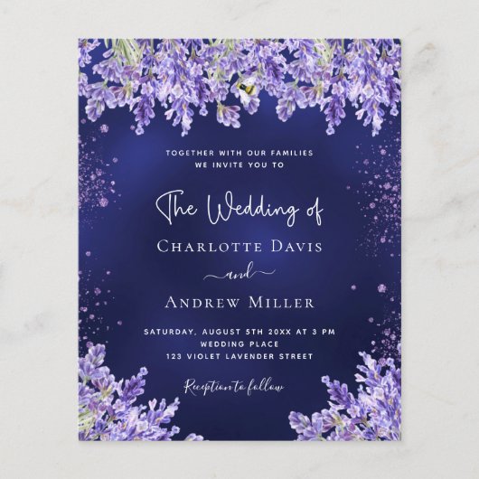 Lavendel bloemen marine blauwe bruiloft uitnodigin (Voorkant)