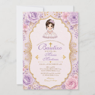 Lavendel Bloemen Meisje Bautizo Uitnodiging met Go