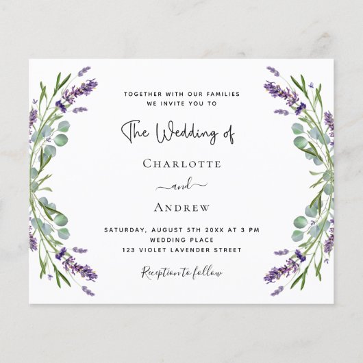 Lavendel bloemen QR RSVP budget bruiloft uitnodigi (Voorkant)