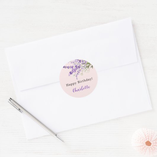 Lavendel bloemen roze verjaardag ronde sticker (Envelop)