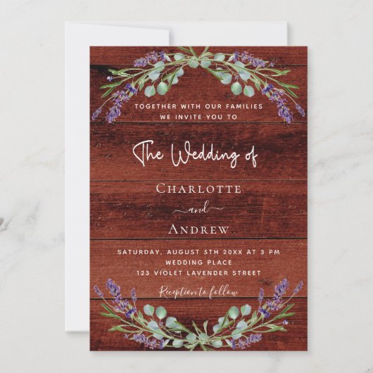 Lavendel bloemen rustiek bruin hout bruiloft kaart (Voorkant)