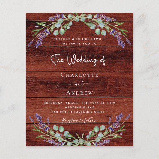Lavendel bloemen rustieke bruin hout budget bruilo (Voorkant)