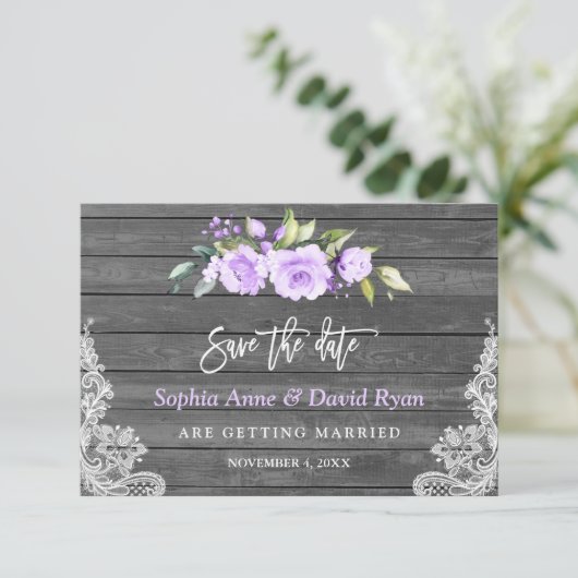 Lavendel Bloemen Schuur Hout Kant Trouwdag Save The Date (Staand voorkant)