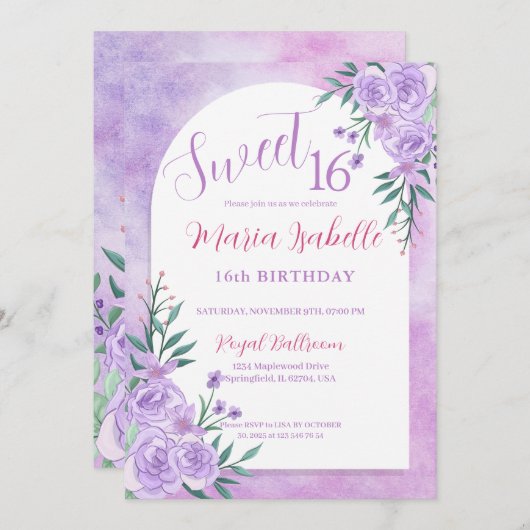 Lavendel Bloemen Sweet 16 Verjaardag Uitnodiging (Voorkant / Achterkant)