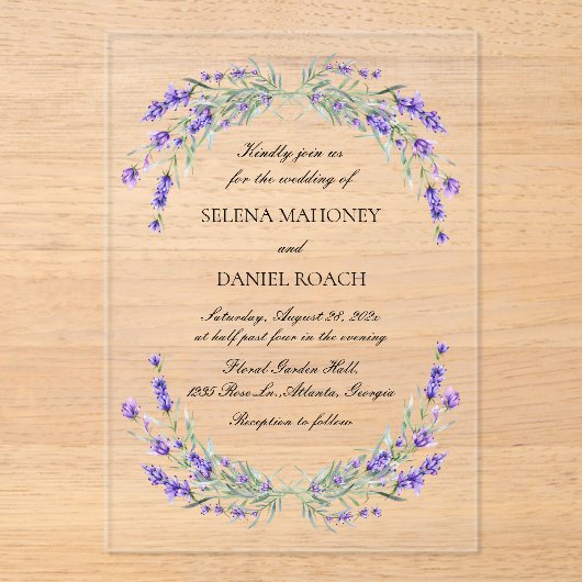 Lavendel Bloemen Violet bruiloft Acryl Uitnodigingen (Voorkant)