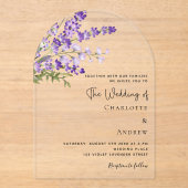 Lavendel bloemen violet duidelijke boog bruiloft acryl uitnodigingen (Voorkant)