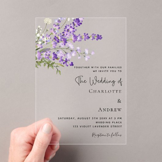 Lavendel bloemen violet duidelijke bruiloft acryl uitnodigingen (Insitu (Draagbaar))