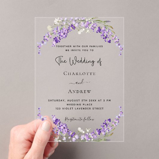 Lavendel bloemen violette bruiloft duidelijk acryl uitnodigingen (Insitu (Draagbaar))