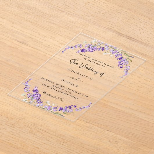 Lavendel bloemen violette bruiloft duidelijk acryl uitnodigingen (Laagn)