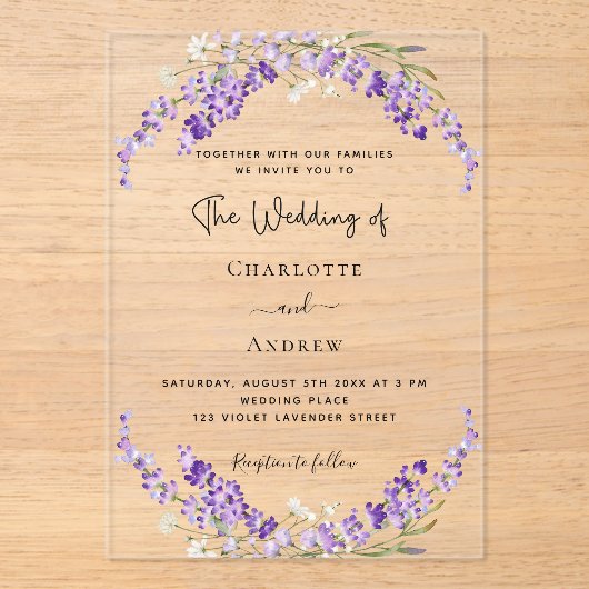 Lavendel bloemen violette bruiloft duidelijk acryl uitnodigingen (Voorkant)