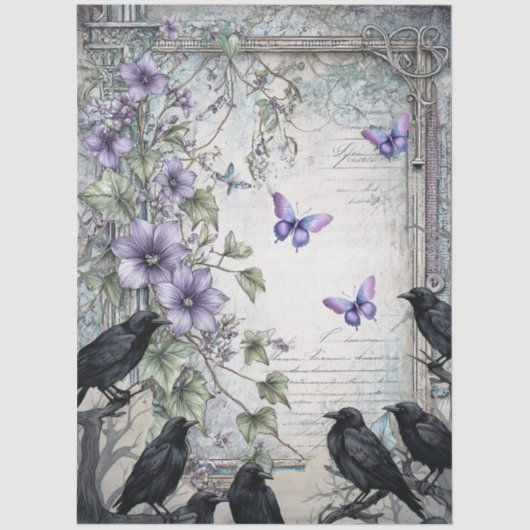 Lavendel Bloemen Vlinders & Raven Decoupage Tissuepapier (Voorkant)