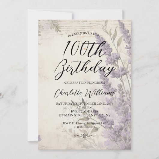 Lavendel Bloemen Vrouwen 100e Verjaardag Kaart (Voorkant)