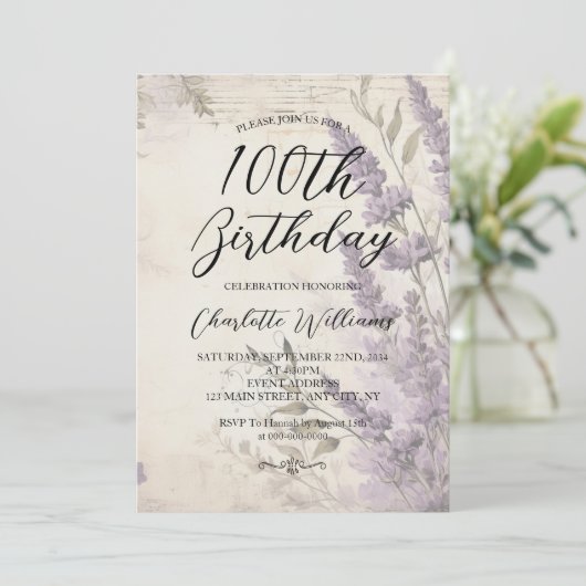 Lavendel Bloemen Vrouwen 100e Verjaardag Kaart (Staand voorkant)