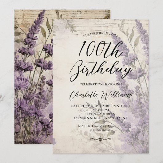 Lavendel Bloemen Vrouwen 100e Verjaardag Kaart (Voorkant / Achterkant)